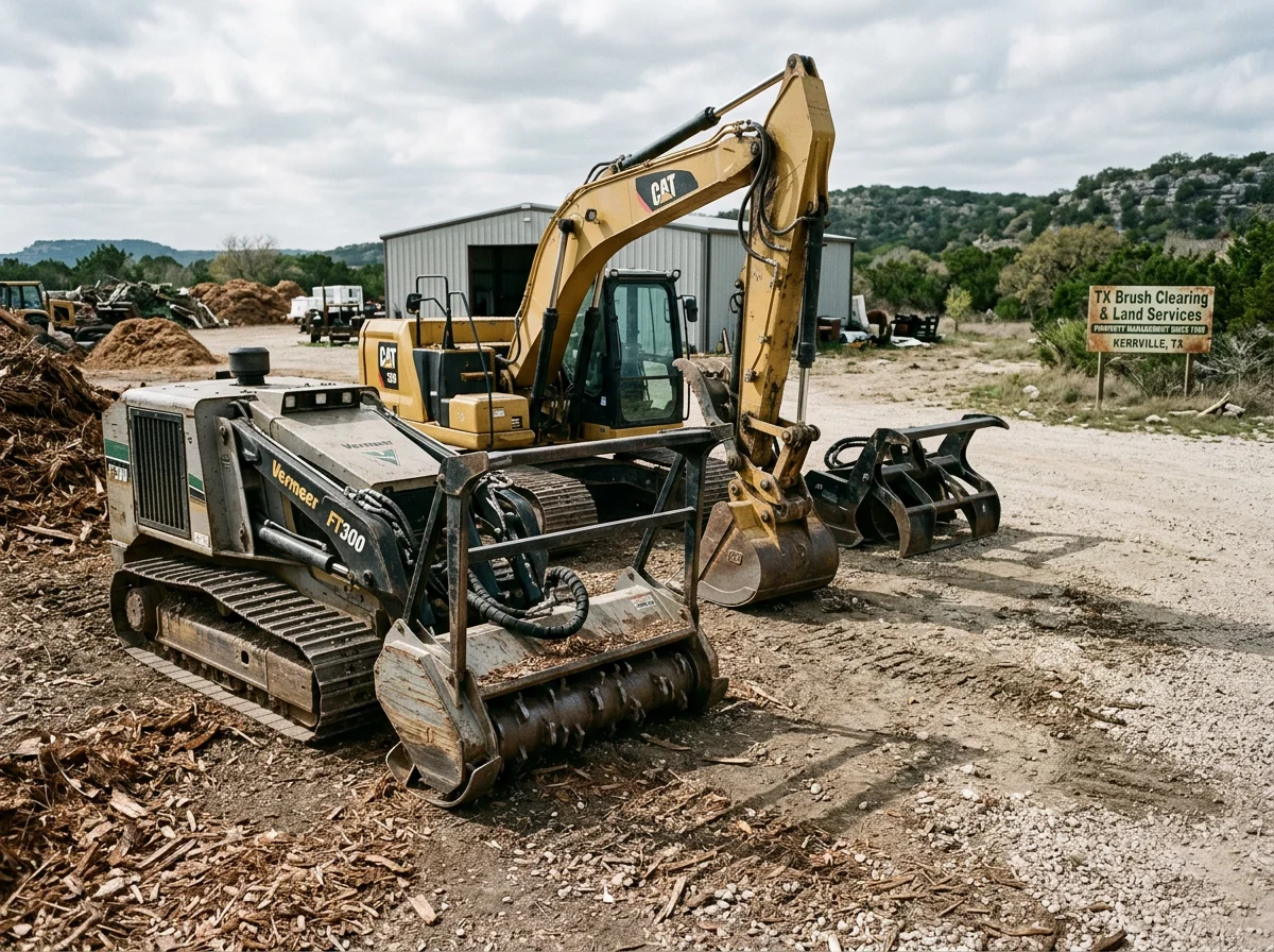 Heavy equipment and land-clearing tools ready for cedar and brush removal work in the Texas Hill Country.