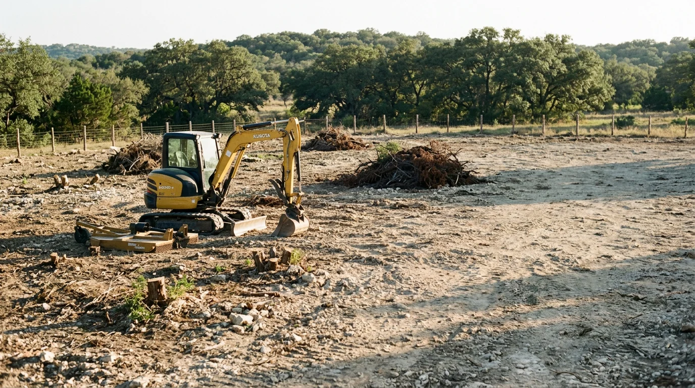 Heavy equipment clearing overgrown land in the Texas Hill Country