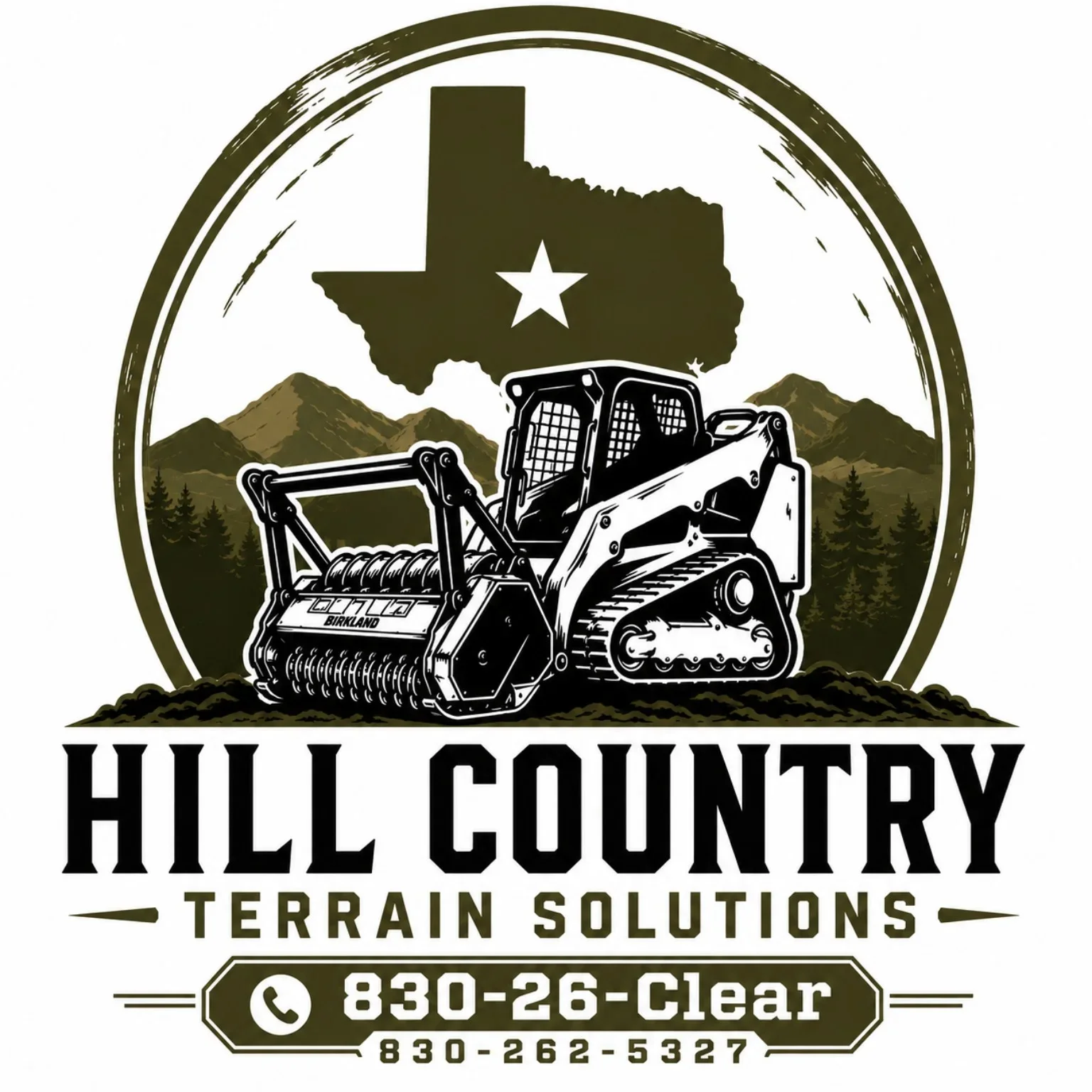 Logo design with skid steer loader, tracked equipment, Texas map, and mountain landscape in olive and black