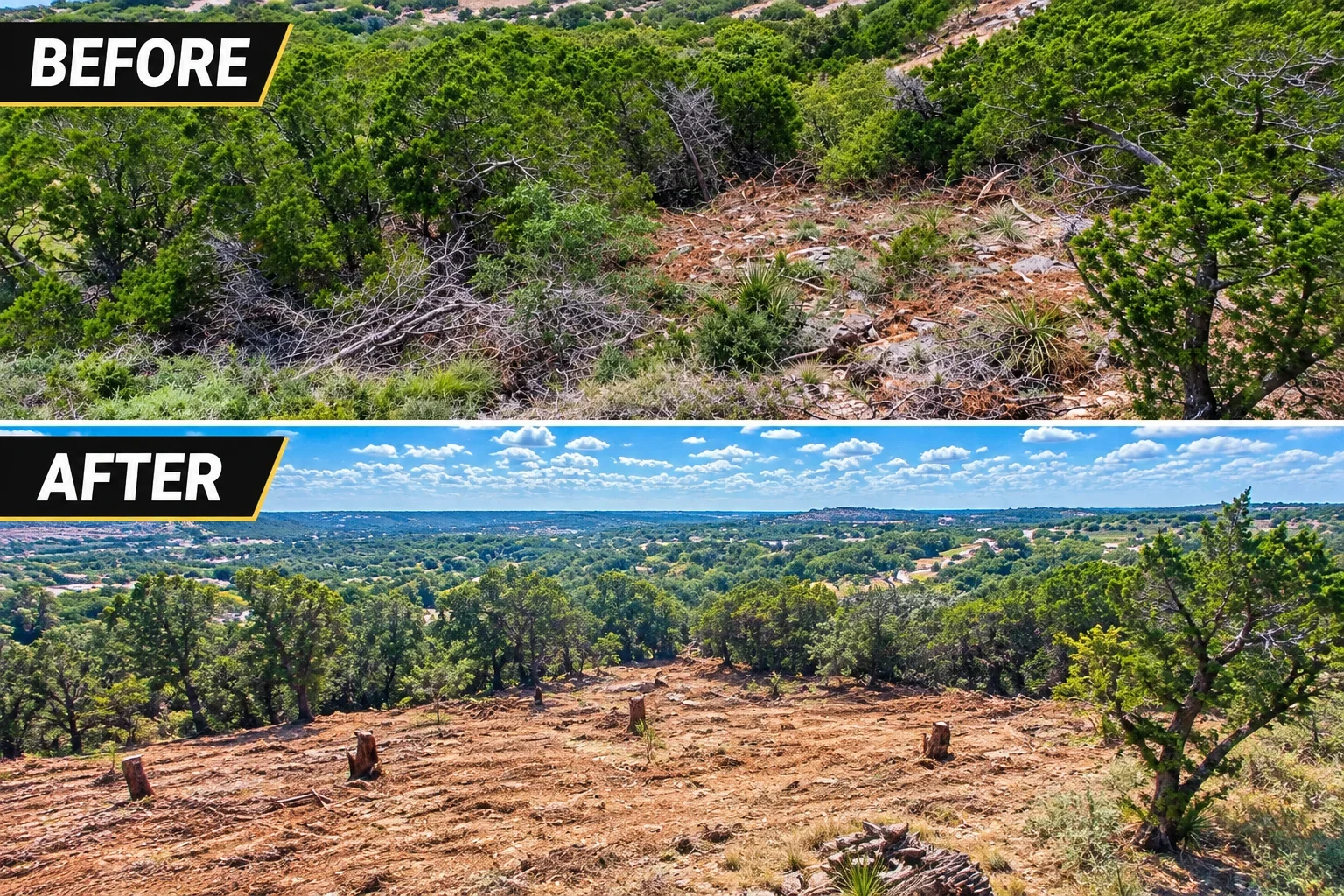 Before and after hillside clearing showing removed brush, graded soil, and preserved oak trees