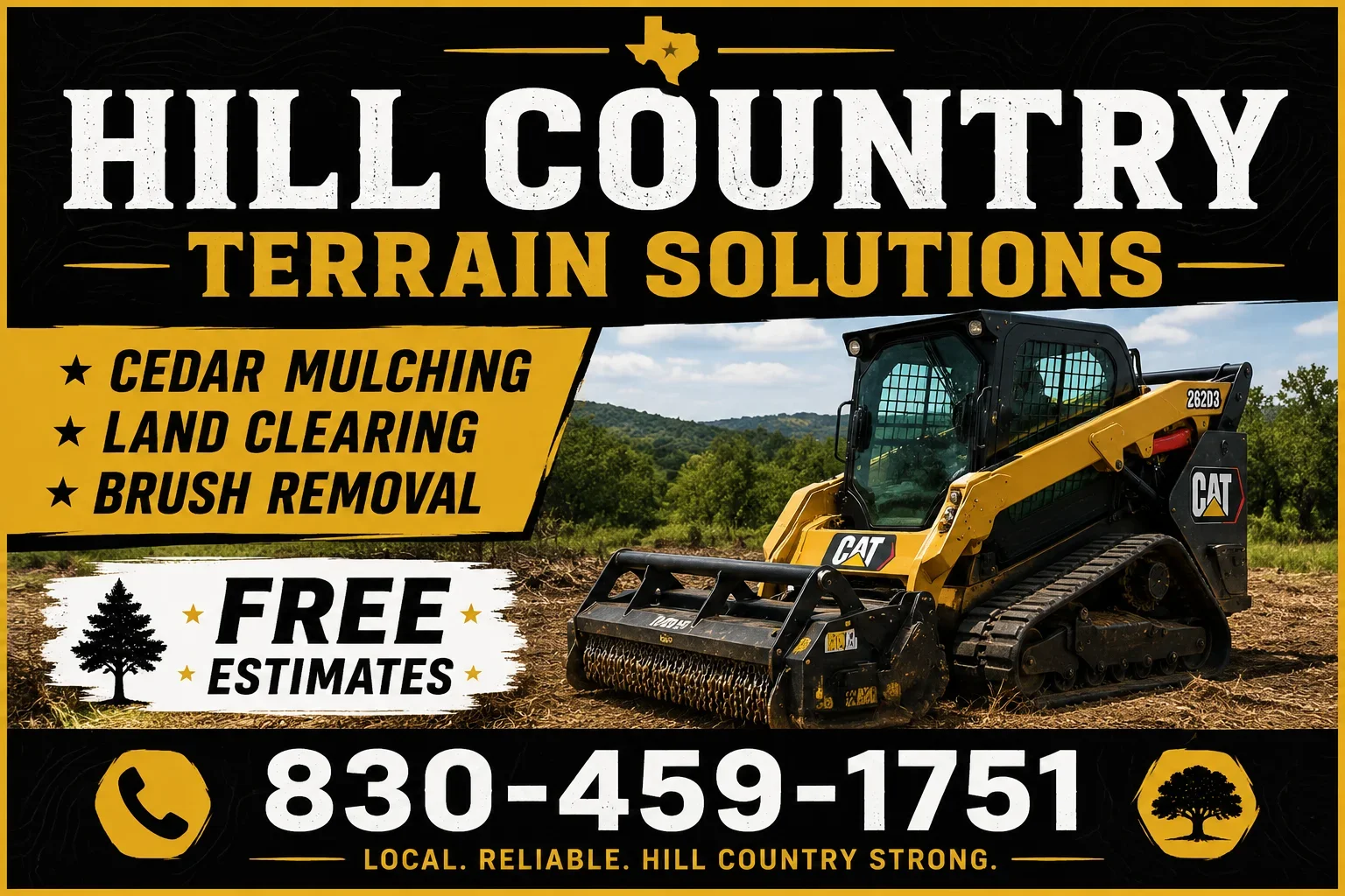 CAT track loader with mulching head clearing brush and vegetation from hillside terrain