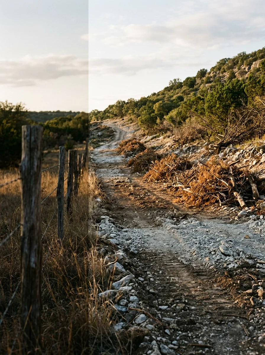 A Bandera County ranch road cleared of cedar and brush on both sides, with steep rocky terrain and open sky visible along the corridor.