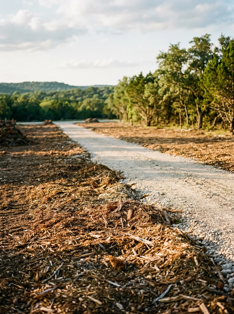 A newly cleared rural home site in Comal County, Texas, with mulched cedar debris on the ground, a graded driveway corridor visible, and Hill Country terrain in the background.