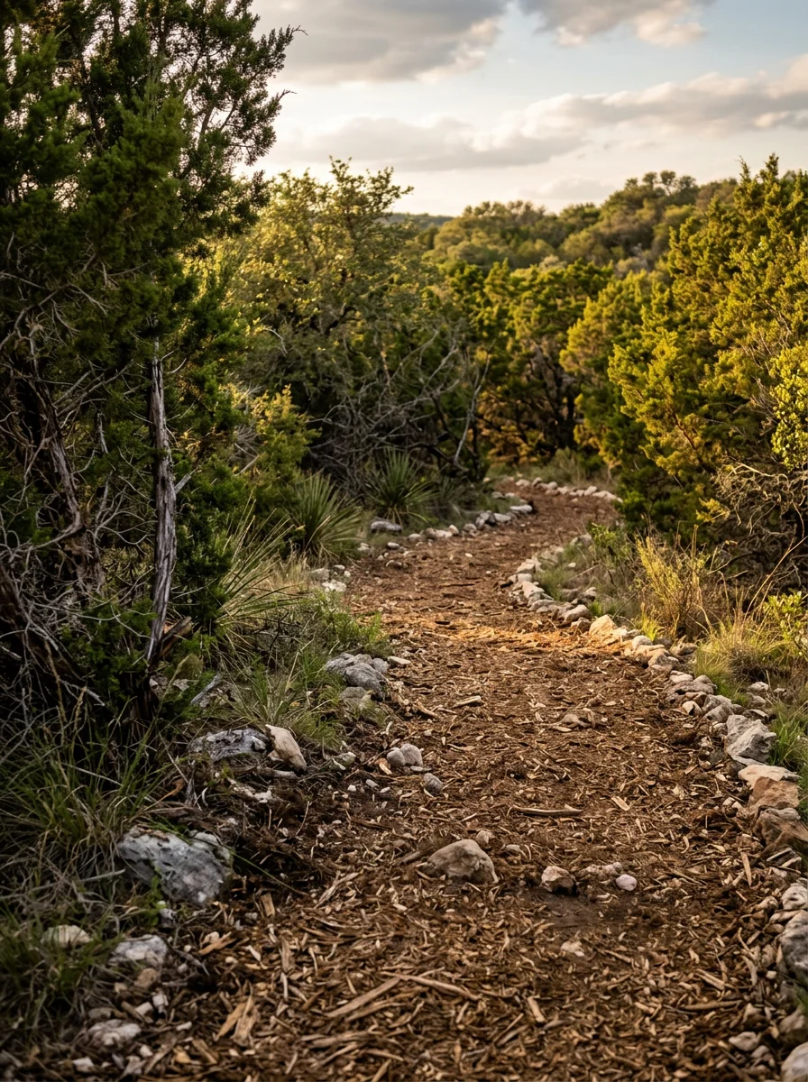 A cleared trail cut through cedar and live oak on a Gillespie County hunting ranch near Harper, Texas, with mulched ground cover visible along the path.