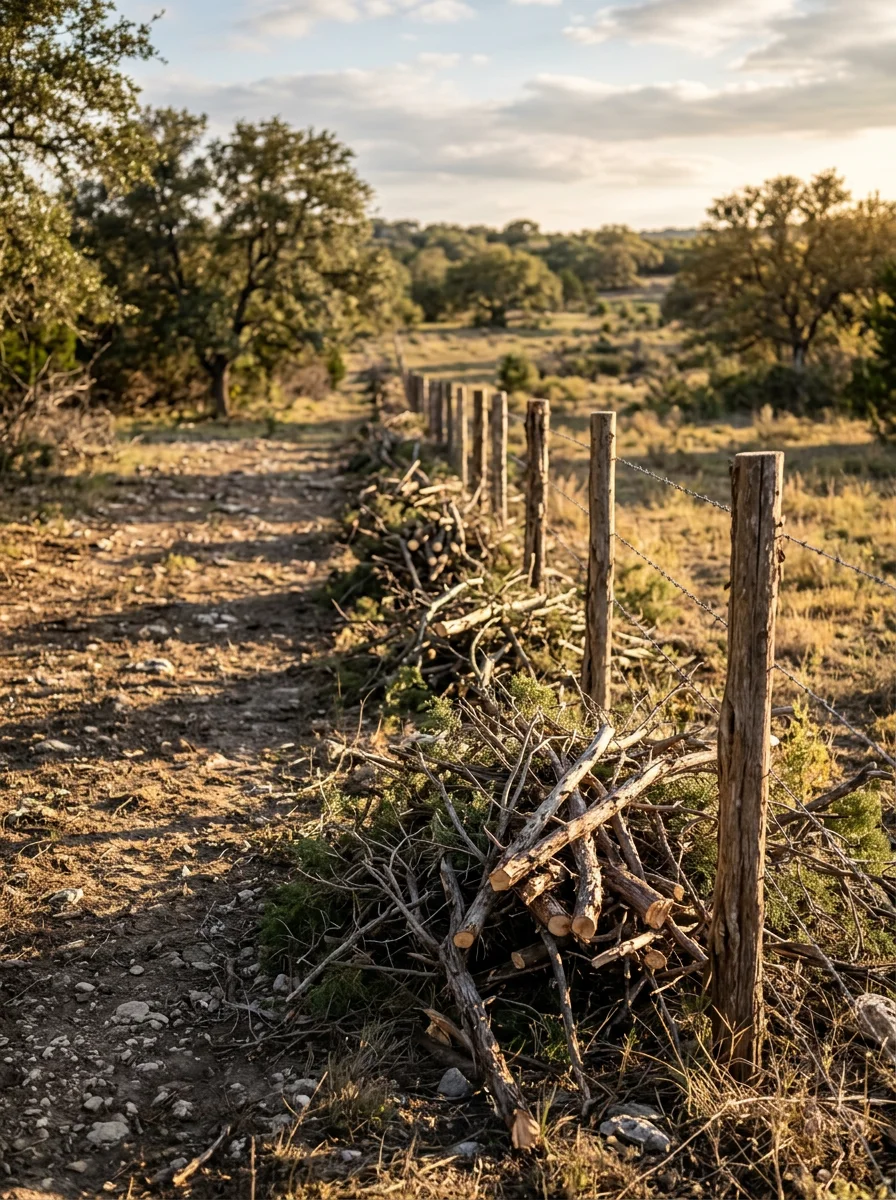 A fence line on a Kendall County acreage tract cleared of cedar and brush on both sides, with open pasture and live oak trees visible beyond the wire.