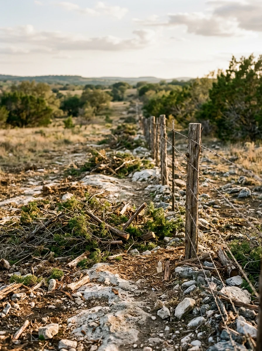 A Kerr County ranch fence line cleared of cedar and brush on both sides, with limestone outcrops visible and open pasture extending behind the wire.