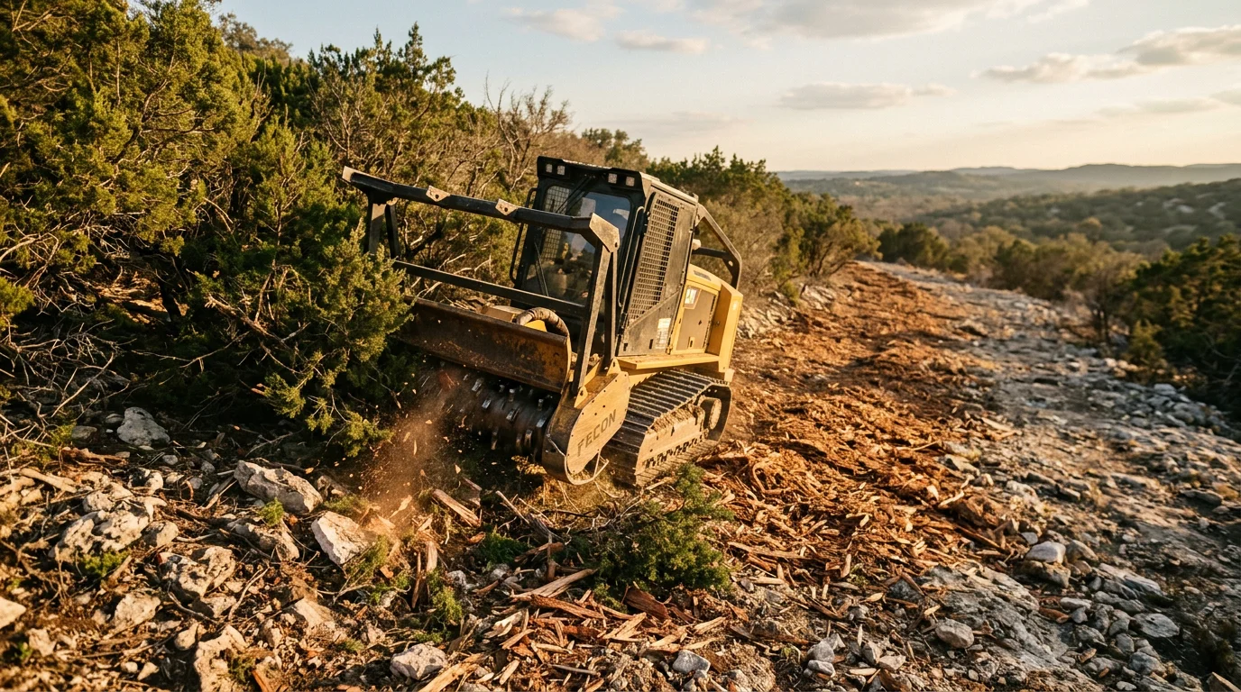 A tracked forestry mulcher working through dense Ashe juniper on a rocky limestone hillside in Kerr County, Texas, with cleared ground visible behind the machine.