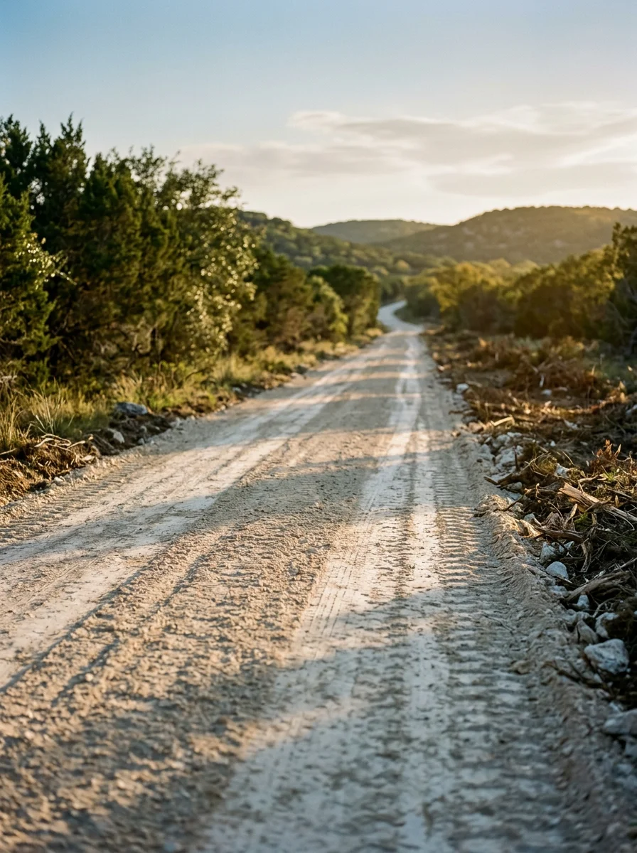 A rough ranch road in Kimble County cleared of cedar and brush overgrowth, with graded caliche surface and cedar-covered hills visible along the corridor.