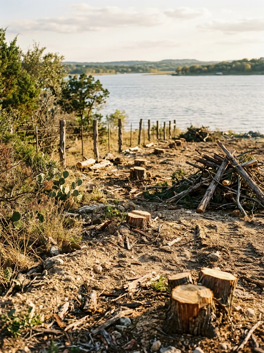 Dead and storm-damaged cedar trees removed from a lakefront property near Kingsland, Texas, with Lake LBJ visible in the background and cleared ground around the structure.
