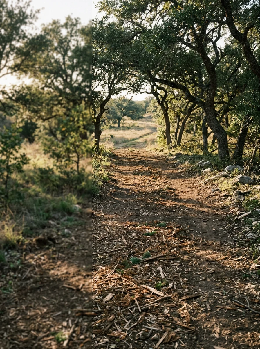 A cleared hunting trail on a Mason County ranch near Pontotoc, Texas, with mulched cedar debris on the path and live oak savanna visible on both sides of the corridor.