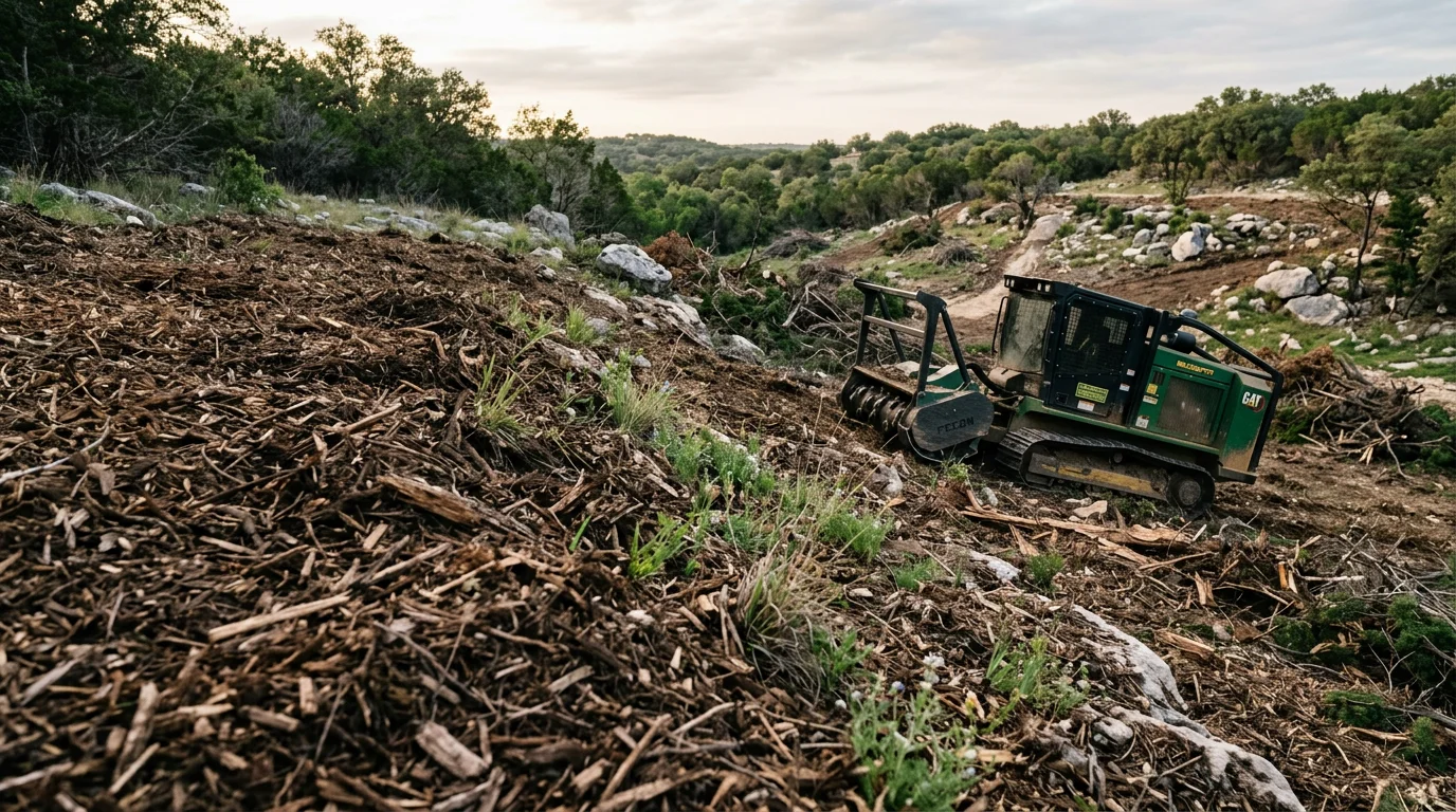 Heavy equipment grinding dense Ashe juniper and mixed brush into a mulch layer on a rocky Kerr County, Texas property. The cleared ground shows open native terrain with thin limestone soil exposed along the Hill Country landscape.