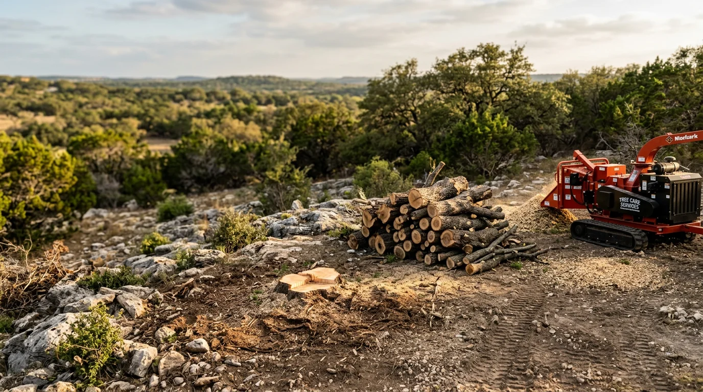 A large dead live oak tree being removed on a rocky Hill Country property in Kerr County, Texas, with heavy equipment positioned on uneven terrain. The surrounding healthy trees and cleared ground are visible in the background.