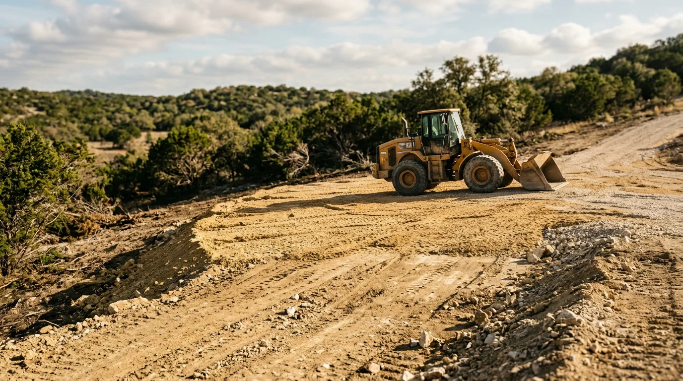 Heavy equipment spreading fill dirt across a sloped rural property in Kerr County, Texas, with rocky Hill Country terrain and open land visible in the background. Material is being distributed evenly across bare ground near a cleared homesite.