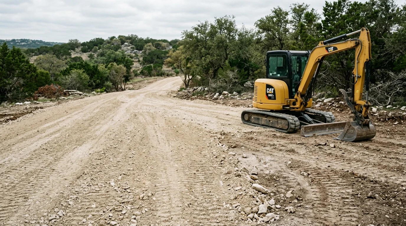 Heavy equipment grading a rocky driveway subgrade on a rural Kerr County, Texas property, with limestone terrain and cedar-lined slopes visible in the background. The prepared surface shows a compacted base shaped with proper crown for drainage.