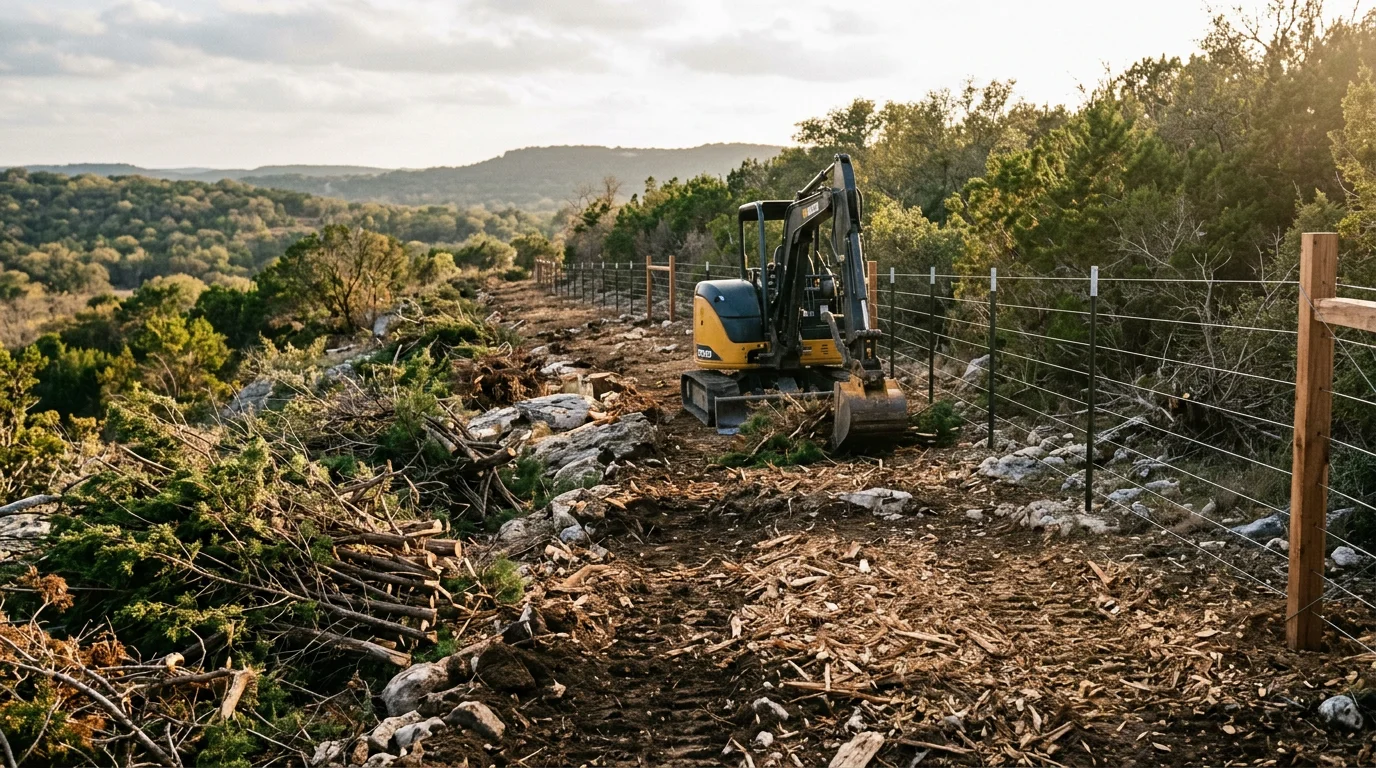 A cleared fence-line corridor on a Kerr County ranch property, with cedar and brush cut back from the wire and posts left standing on rocky Hill Country terrain. The open corridor runs along a boundary line with visible fence posts and cleared ground on both sides.