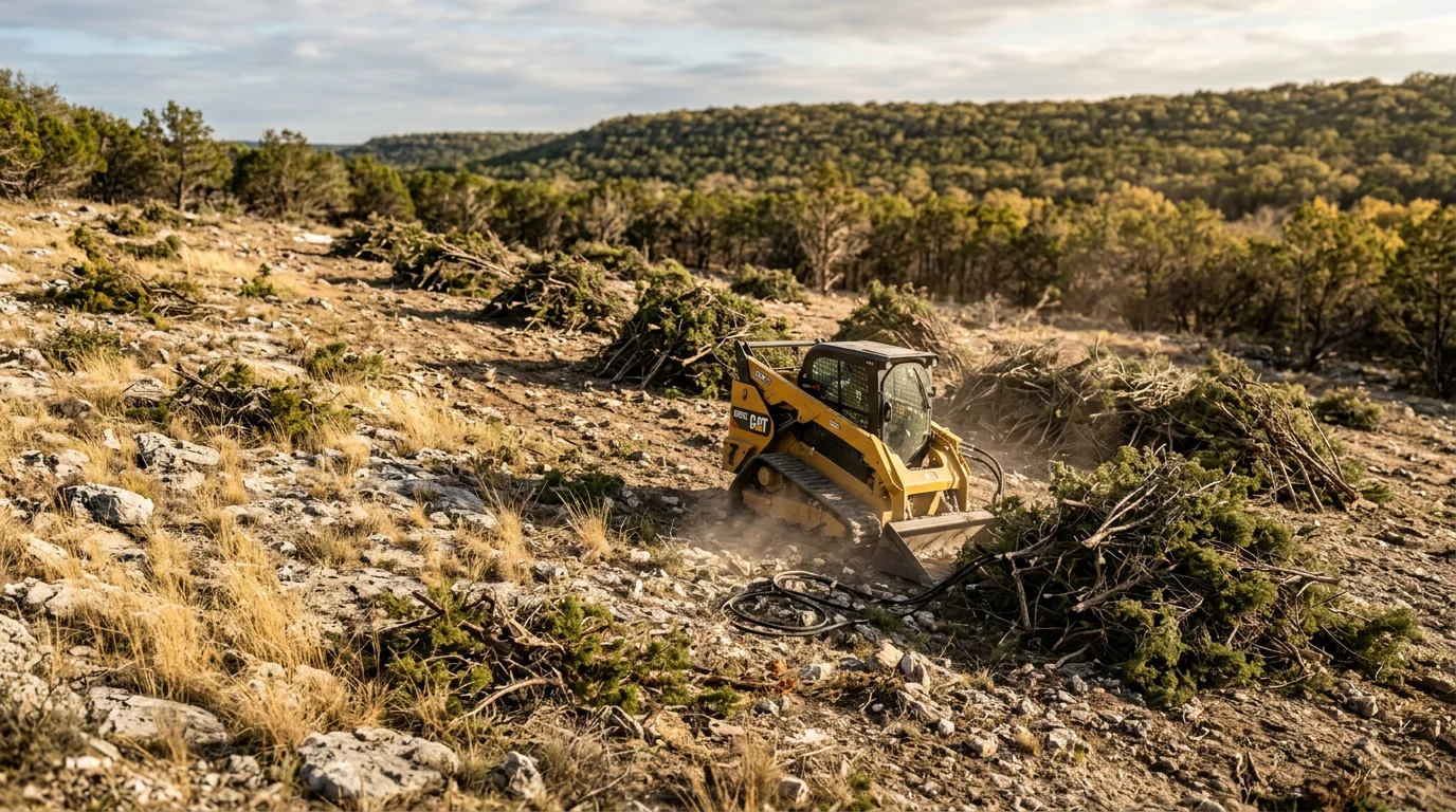 Heavy equipment clearing dense cedar and brush from a rocky Hill Country property in Kerr County, Texas, creating open defensible space around a rural home. Piles of cut cedar and cleared ground cover visible in the foreground with open terrain extending toward the structure.