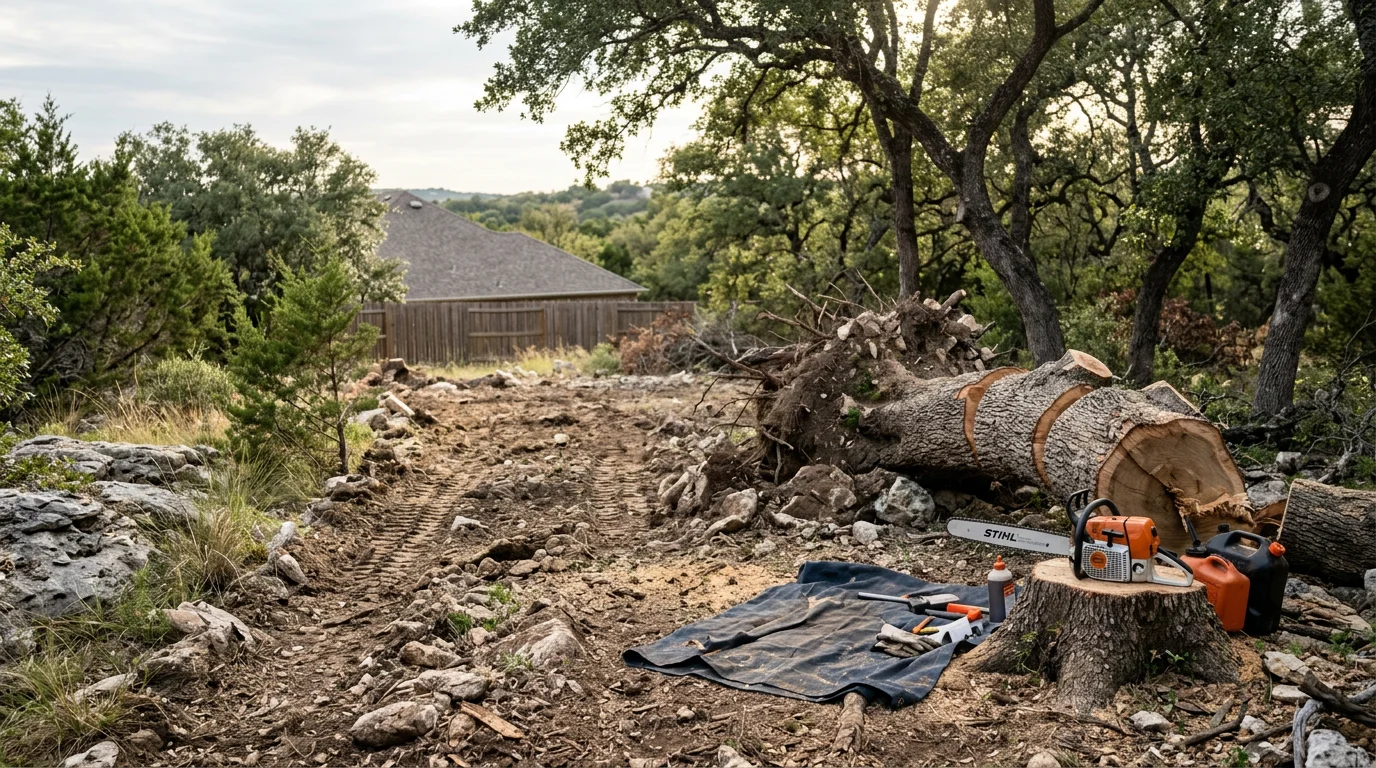 A large hazardous live oak with a split trunk being removed near a residential structure in Kerr County, Texas. Heavy equipment is positioned on rocky Hill Country terrain with debris cleared to the side of the property.