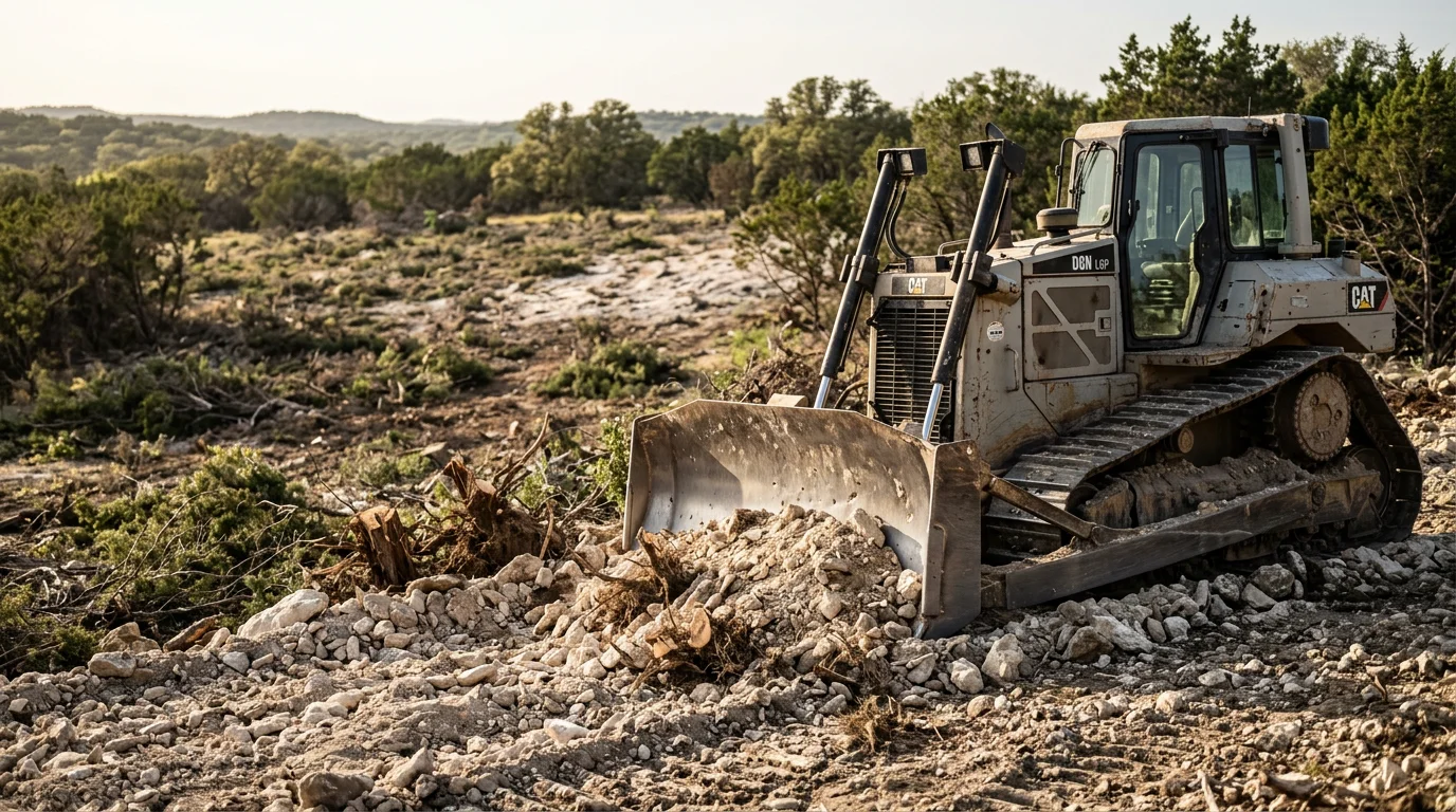 Heavy equipment clearing dense cedar and mesquite from a rocky Kerr County hillside, with open pasture visible in the background. Land clearing work in progress on a Texas Hill Country ranch property.