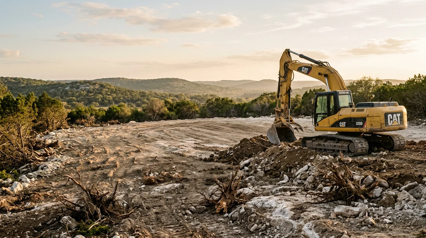 A Kerr County lot after clearing, showing open rocky Hill Country ground with cedar and brush removed down to bare soil. Heavy equipment tracks visible across the limestone-studded terrain with a cleared build footprint ready for construction.