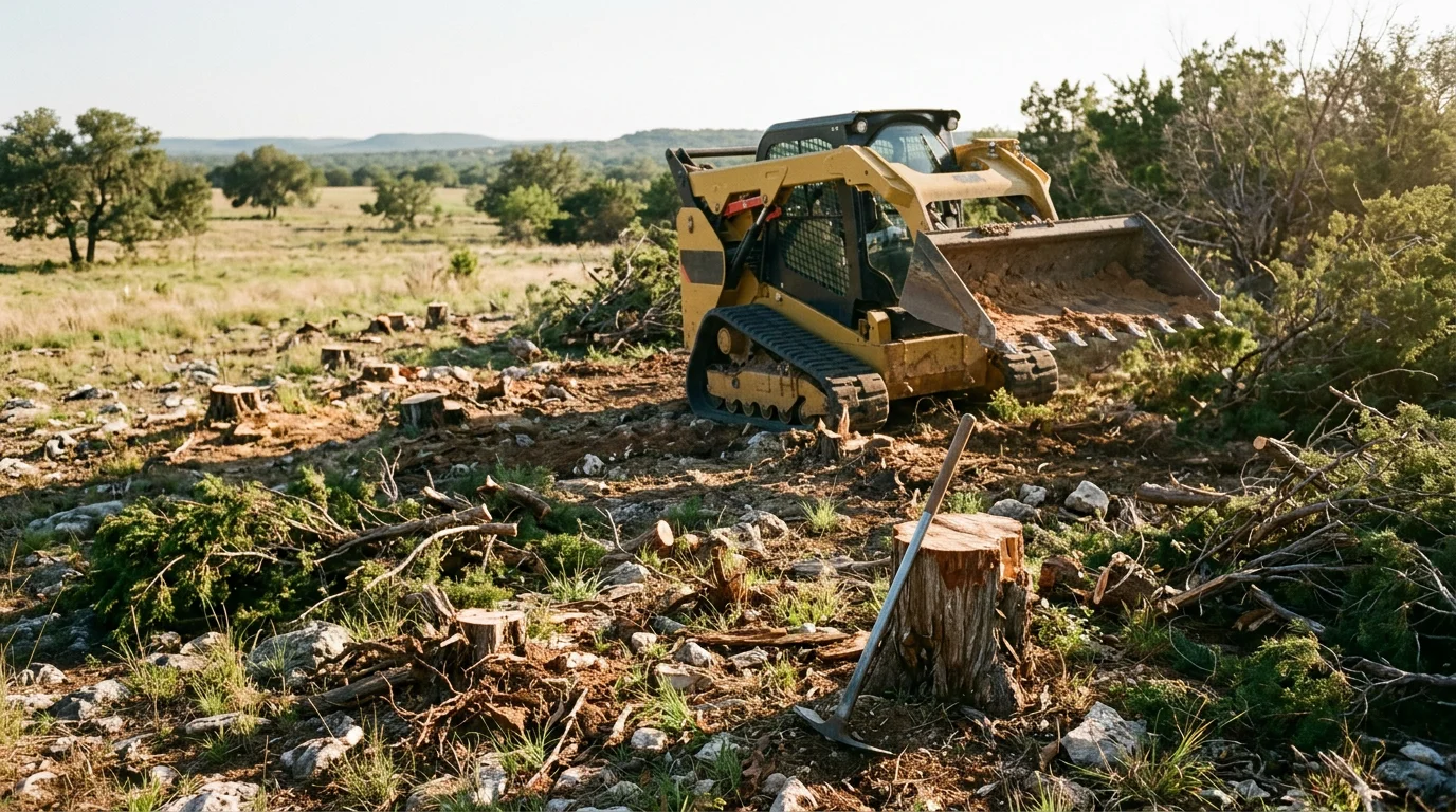 A Kerr County pasture after reclamation work, showing open ground with cleared cedar and mesquite stumps and native grass beginning to recover across the Edwards Plateau landscape.