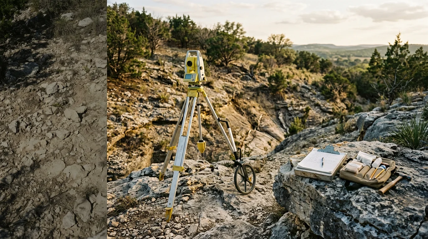 A landscape architect walking a sloped, rocky Kerr County property and reading terrain conditions during a property assessment. Rolling limestone hills and sparse live oak trees visible in the background.