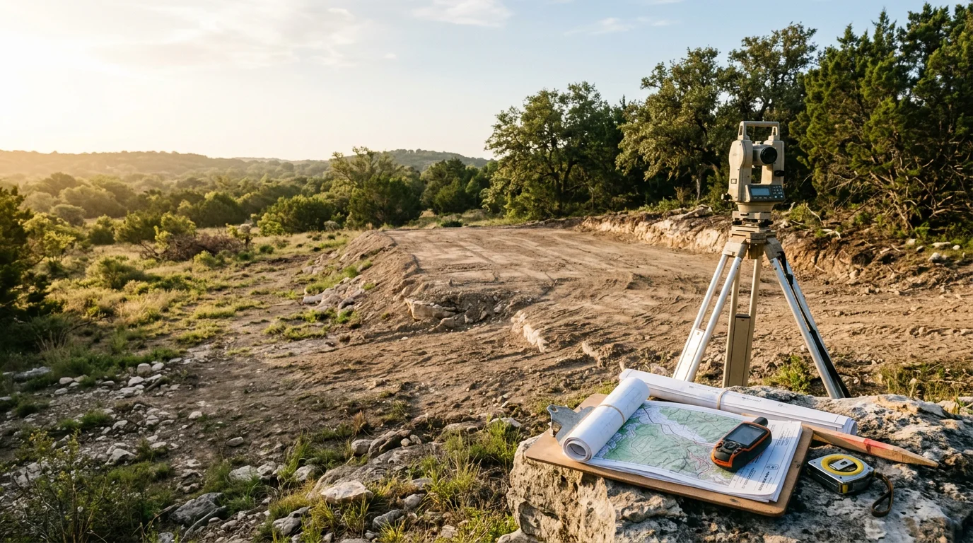 A Kerr County hillside property showing rocky limestone terrain and uneven elevation before site preparation planning begins. A cleared and graded building pad area is visible in the background, showing the result of planned grading work on Hill Country land.