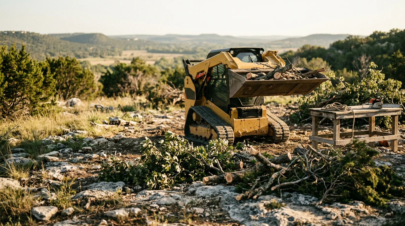 Heavy equipment operator clearing large downed live oak limbs and storm debris from a rocky residential property in Kerr County, Texas. Piles of storm-scattered cedar and oak debris staged for haul-off on a Hill Country lot after severe weather.