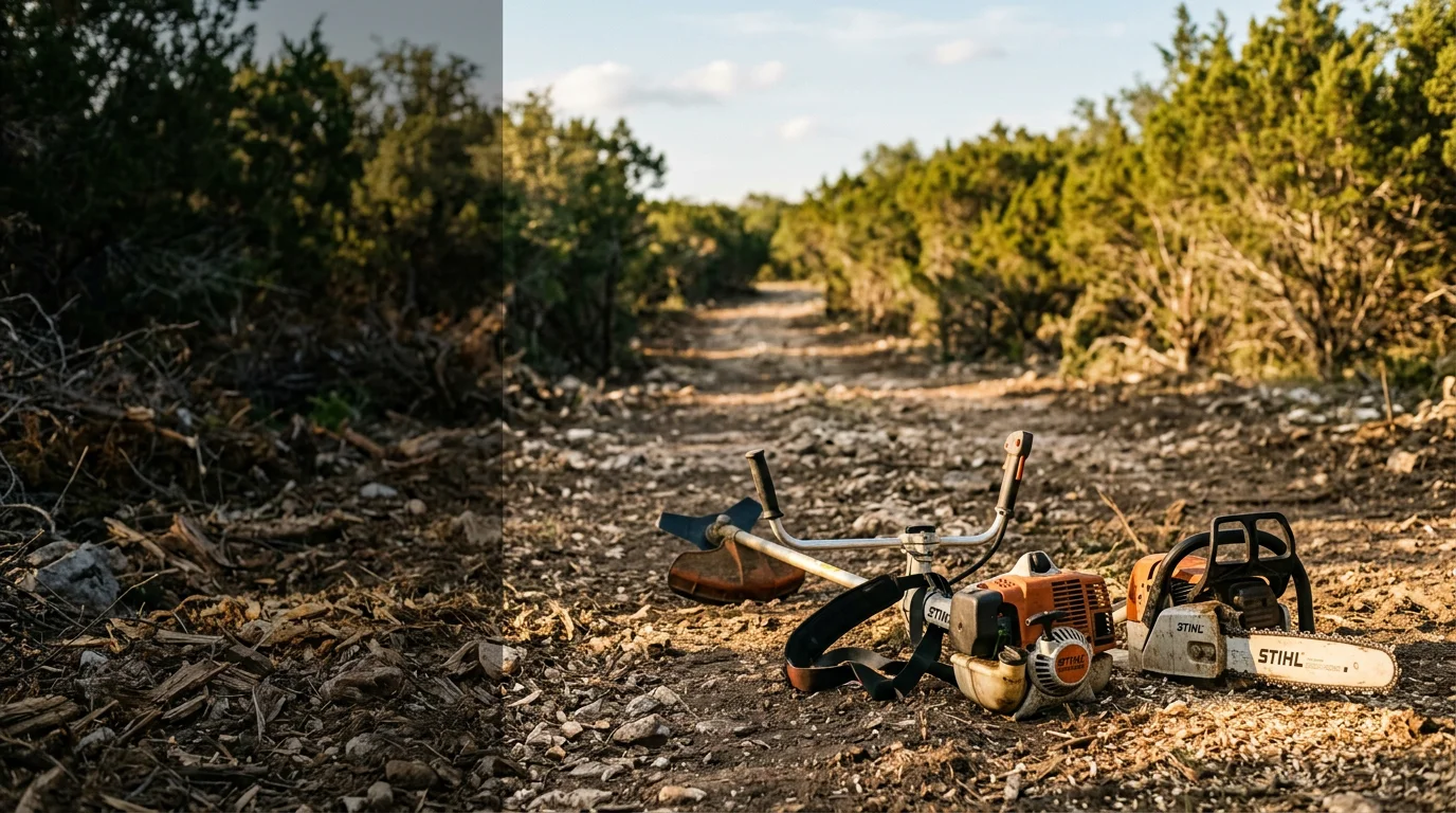 A cleared ranch road through dense cedar and brush in Kerr County, Texas Hill Country, with open travel path visible from gate to back pasture. Heavy equipment tracks show recent trail clearing work on rocky limestone terrain.