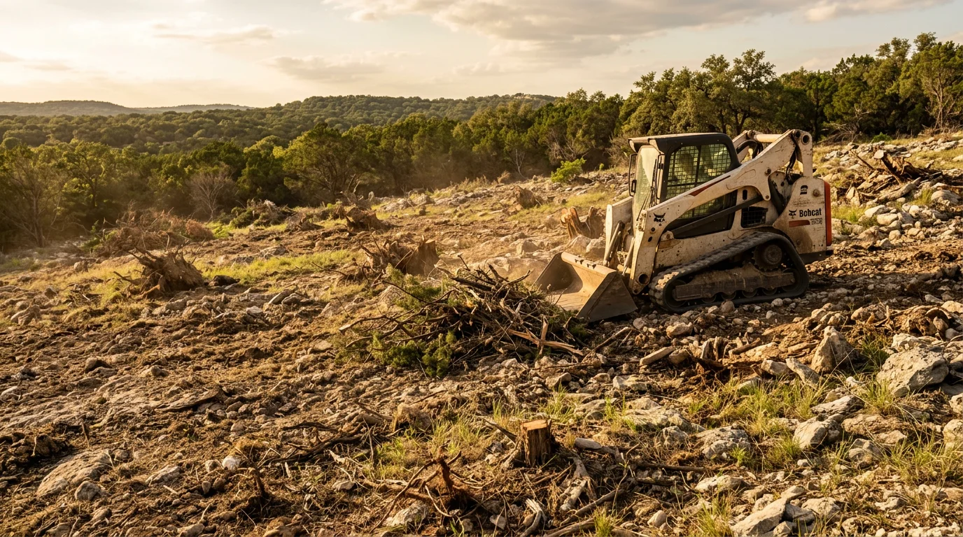Heavy equipment clearing dense Ashe juniper and thick underbrush from a rocky limestone property in Kerr County, Texas. The cleared area shows open ground with native soil exposed across a typical Texas Hill Country landscape.